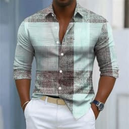 Men's retro plaid print long-sleeved shirt, button-down front for everyday wear, relaxed fit, business casual top.