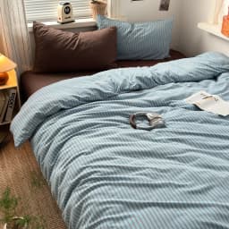 Soft Washed Cotton Bedding Set Blue Brown Stripe Duvet Cover Set With 2 Pillowcases For Daily Bedroom Decor Twin Queen No Sheet