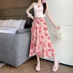 High Waist A-Line Floral Print Chiffon Halter Neck Dress Women's Summer New Style Belted Wrap Skirt Casual Polyester Fiber