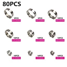 304 Stainless Steel Single Ear Stepless Hose Clamps Assortment Kit Water Pipe Sealing Clips with 1PC Professional Clamp Pliers