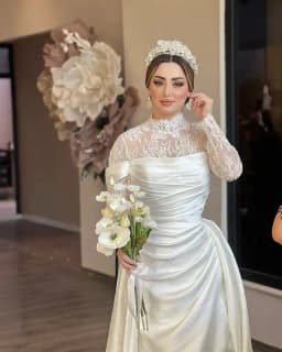 Customized Minimalist Satin Wedding Dress with Detachable Train Fold Pleated Bodice Ruched Waist Bridal Gown with Long Sleeves