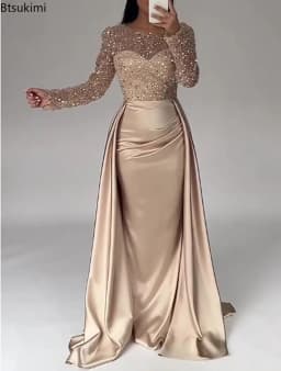 2026 Elegant Evening Dresses Women's Chic Sequin Splice O-neck Long Sleeve Pleated Maxi Dress Sexy High Waist Slim Banquet Gowns