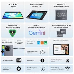 Global Version DOOGEE Tab E3 Max Tablet PC Android 15 Gemini AI 14'' 2.1K Screen 8GB RAM 256GB 13500mAh Large Battery Smart Pad