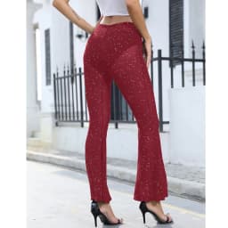 2024 Summer Wine Red Transparent Wide Leg Pants Y2K Trousers Sexy High Waist Women New Fashion Flash Diamond Trousers Streetwear