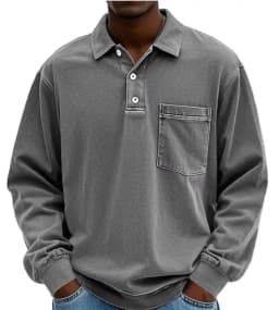 American Style Retro Old Dark Grey Long Sleeve Polo Shirt Loose Lapel Pocket Design Casual All-match Heavy Top for Men