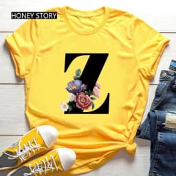 Large Size Yellow T-shirt for Men And Women with Black Fashion Trend Print of Flowers 26 English Letters Casual Short Sleeve Top