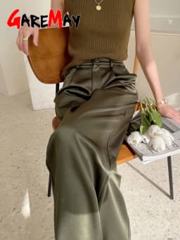 Garemay Summer Autumn Women's Pants Loose Solid Classic Black Straight High Waist Casual Silk Satin Wide Leg Trousers for Women