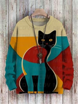 Abstract Art Cat Multicolor Print Casual Pullover Knit Sweater Women For Men Sweater