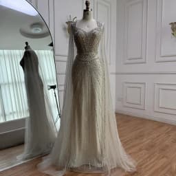 Serene Hill 2025 Customized Nude Cape Sleeves Beaded Saudi Arabic Evening Dresses Gowns for Formal Occasion LA72575A