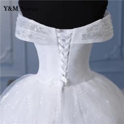 Y&m Novias Glitter vory Wedding Dresses Lace Beaded Ball Gown Cheap Off The Shoulder Short Sleeve Bridal Customized Plus Size