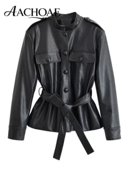 AACHOAE Women PU Leather Jacket Belted Waist Coat Stand Collar Button Front Long Sleeve Casual Vintage Faux Leather Outerwear