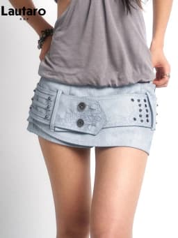 Lautaro Spring Summer Sexy Pu Leather Micro Mini Shorts Women with Studded Embroidered Belt Low Waist Streetwear Buttoms 2026