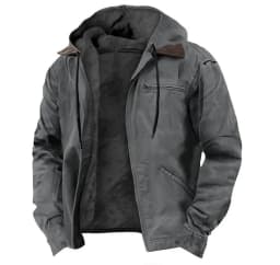 Men's Solid-Color Hooded Cotton Jacket Casual Trendy Fleece Zipper Pocket Winter Coat for Outdoor Wear