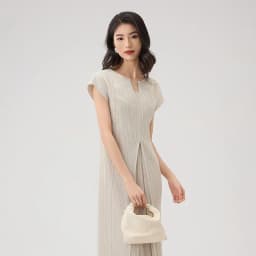 Miyake Fold 2024 Fall New Slimming V-neck French Dress For Women Advanced Short-sleeved Waist Elegant Commuter Dress