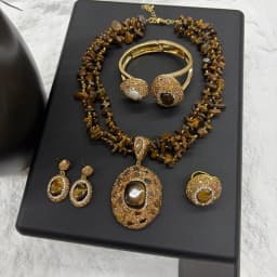 Vintage 4pcs Necklace Earring Ring Bracelet Crystal Stone Jewelry Sets for Women Natural Amethyst Tigers Eye Statement Jewelrys