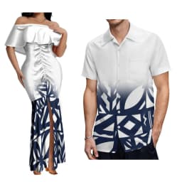 2024 New Hawaiian Gradient Polynesian Island Couple Set Women'S Off-The-Shoulder Dress Party Fishtail Skirt With Men'S Shirt