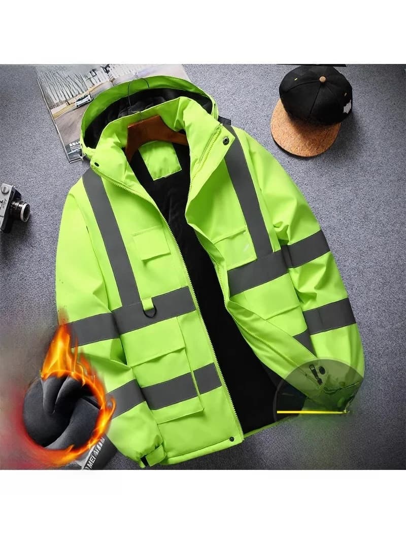 High-Speed Reflective Thickened Cotton Jacket Men's Fleece-Lined Printed Workwear Winter Outdoor Style Removable Hat Business...