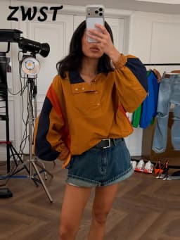 Elegant Contrast Jacket Women Loose Full Sleeve Stand Collar Button Jackets Female 2026 Fashion Autumn Outwear Lady