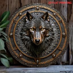 2D Flat, Wolf Head Emblem Metal Shield Wall Decor - 8 Inch Round Wrought Iron Wolf Head Sign, HD 2D Printed Door-Mounted Emblem