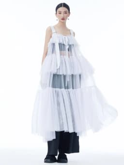 [EAM] Women Black Mesh Perspective Big Size Strap Dress New Square Collar Sleeveless Fashion Tide Spring Summer 2026 1DJ1242