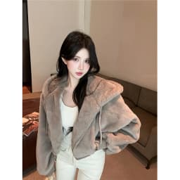 JingLI Studio Lazy Style Shortened Hooded Jacket Soft Plush Imitation Mink Coat Autumn Winter Women's Slim Fit Cardigan