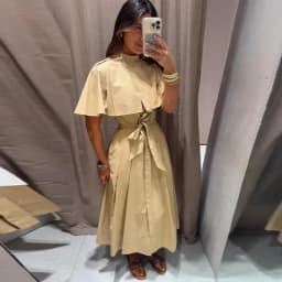 Women's Trench Style Midi Dress Stand Collar Cape Overlay Short Sleeve Belted Waist A‑Line Dresses Autumn Elegant Office Outfits