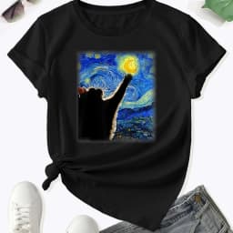 Cat & Starry Night Painting Pattern T-Shirt, Cute Crew Neck Short Sleeve Top For Spring & Summer, Women's Clothing