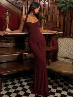 Dulzura Women'S Sexy Backless Ruched Lace Up Halter Long Dress Solid Elegant Slim Fit Evening Dress Birthday Party Prom Clothes