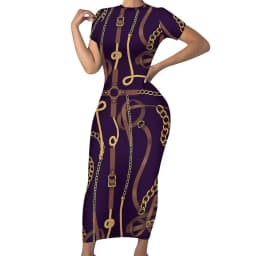 Retro Chains Bodycon Dress Summer Leopard Print Cute Maxi Dresses Women Short Sleeve Graphic Street Fashion Dress 3XL 4XL 5XL