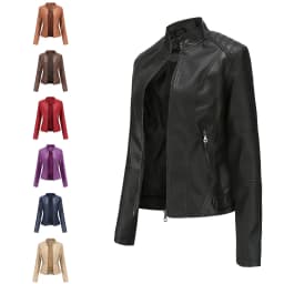 Women's Slim Fit Leather Jacket with Motorcycle Suit, Large Standing Collar, Autumn Black Zipper Outdoor Leather Windproof Top