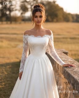 LORIE Exquisite Satin Wedding Dresses Off The Shoulder Lace Full Sleeves Bridal Dress A-Line Train Bride Prom Gowns Customized