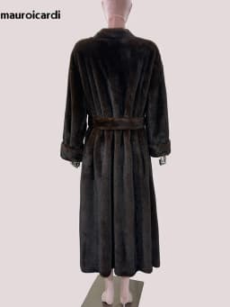 Mauroicardi Spring Winter Elegant Luxury Long Thick Warm Fluffy Soft Brown Faux Mink Fur Coat Women with Deep V Neck Sashes 2025