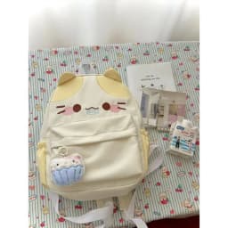 Women's Lovely Waterproof Nylon Backpack with Cartoon Cat Eat Fish Design Schoolbag for Girls with Stitch Detail Book Bag