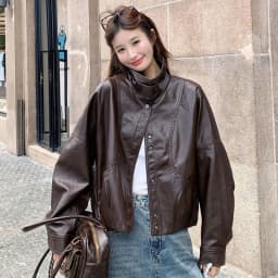 Women Faux Leather Jacket Stand Collar Snap Button Coat Oversized Drop Shoulder Bomber Y2K Retro Streetwear Autumn Outerwear Top