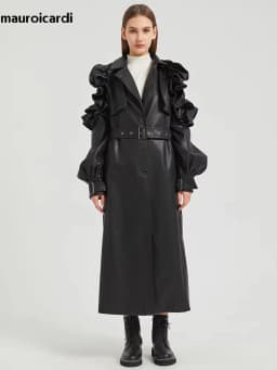 Mauroicardi Spring Extra Long Black Ruffled Soft Faux Leather Coat Women Belt Elegant Chic Luxury Designer Clothes Overcoat 2025