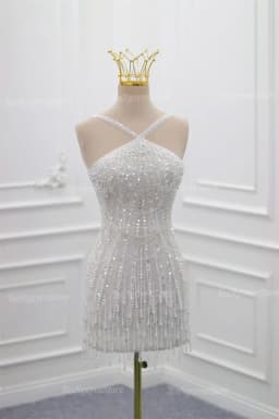 Kyoto Customized Shiny Beading Mini Sheath Wedding Dress Halter Neck Sleeveless vestidos de novia White Luxury 2025Evening Dress