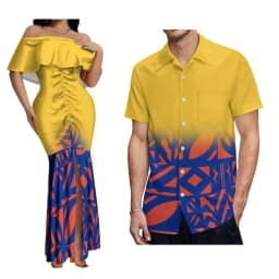 2024 New Hawaiian Gradient Polynesian Island Couple Set Women'S Off-The-Shoulder Dress Party Fishtail Skirt With Men'S Shirt