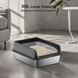 Garvee Stainless Steel Cat Litter Box Leak-proof Semi-enclosed Splash-proof Covered Cat Toilet with Removable Lid for Large Cats for Home High Sided, Top Entry, Anti-Tracking, Step Plate,