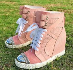 Two-Tone Snake Print Wedge High Top Sneakers Women Genuine Leather Lace Up Hidden Wedge Ankle Boots Platform Casual Shoes Lady