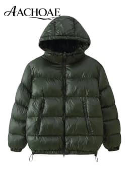 AACHOAE Women Shiny Hooded Puffer Jacket Zip Up Padded Coat with Zipper Pockets Drawstring Hem Loose Fit Warm Winter Outerwear