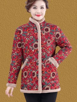 Women's Fleece Lined Thickened Cotton Jacket Loose Fit Warm Coat Floral Patterned Autumn Winter Wear for Middle Aged And Elderly