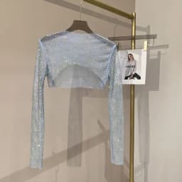 2025 New Summer Sexy Bright Diamond Short Thin Tops Slim Hot Drill Long-sleeved T-shirt Sexy Leak Waist Blouse