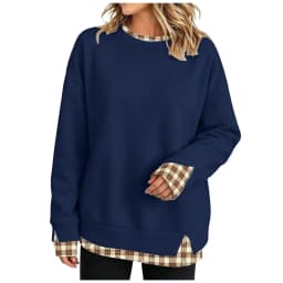 Crew Neck Sweatshirts Women Cute Long Sleeve Oversized Sweatshirt Plaid Pullove In Layered Tunic Drop Medium Weight Hoodie