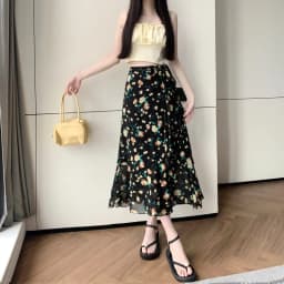High Waist A-Line Floral Print Chiffon Halter Neck Dress Women's Summer New Style Belted Wrap Skirt Casual Polyester Fiber