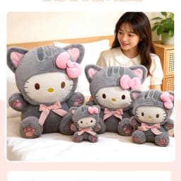 20/30/45/60CM Cute Grey Cat Hello Kitty Plush Doll Checkered Bow Kt Stuffed Toy Soft Pillow Home Room Decoration Birthday Gift