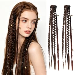 Clip in Braid Hair Extensions for Women, 20" Boho Dreadlock Clip in Braids with Beads & Charms, 2PCS Synthetic Braided Hairpiece