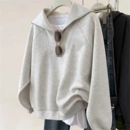 Gray Hooded Sweater Women's Loose Fit Pullover Half Zipper Collar Autumn Winter New Style Lazy Hatless Outerwear Top