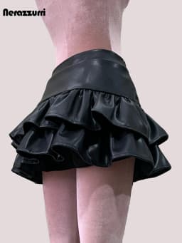 Nerazzurri Summer Autumn Soft Black Pu Leather Mini Tiered Pleated Skirt Women Lace Up Short Luxury Designer Punk Style Clothes