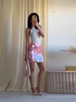Sexy Women's Pink Sequin Mini Skirt Large Disc Sequin Detail Sparkly Party Skirts Cocktail Date Night Slim Fit Party Clubwear