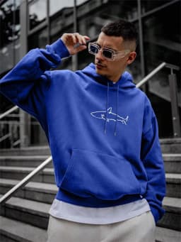 Simple Shark Printing Hoodie For Men Kangaroo Pocket Drawstring Pullovers Thermal Fleece Warm Sweatshirts Autumn Casual Clothes